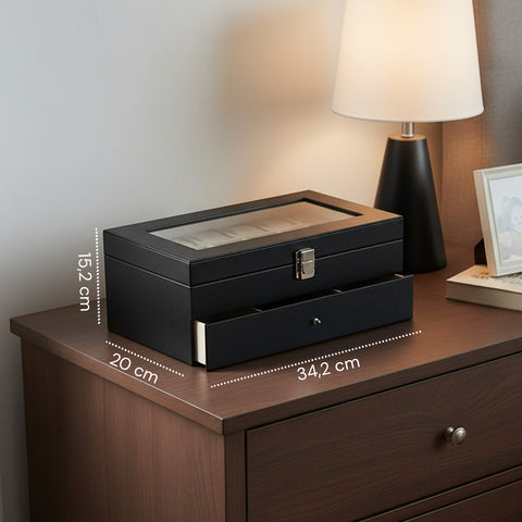 Organizer Porta Orologi e Gioielli in Pelle Nera con Coperchio in Vetro