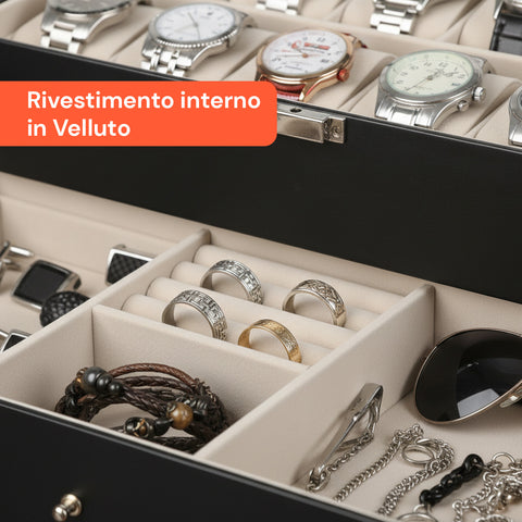 Organizer Porta Orologi e Gioielli in Pelle Nera con Coperchio in Vetro
