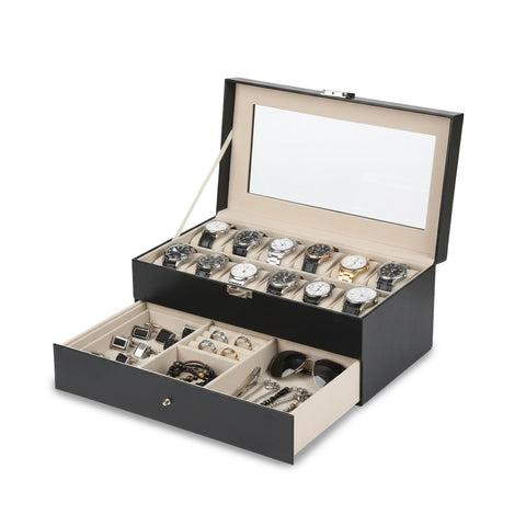 Organizer Porta Orologi e Gioielli in Pelle Nera con Coperchio in Vetro