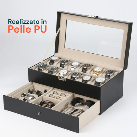 Organizer Porta Orologi e Gioielli in Pelle Nera con Coperchio in Vetro