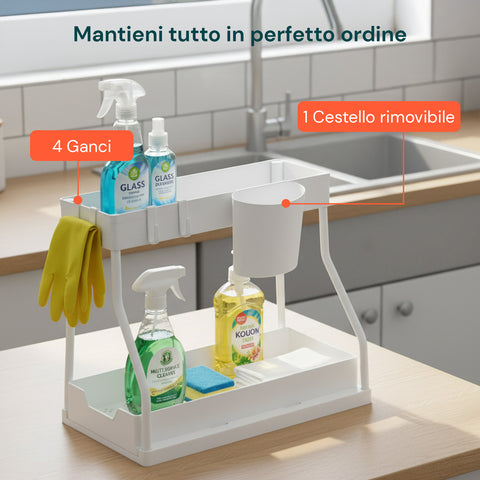 Organizer Estraibile Salvaspazio con Cestello e Ganci per Bagno o Cucina