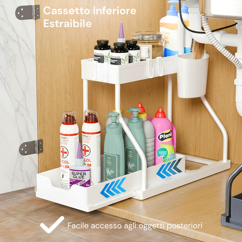 Organizer Estraibile Salvaspazio con Cestello e Ganci per Bagno o Cucina