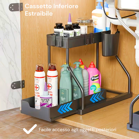 Organizer Estraibile Salvaspazio con Cestello e Ganci per Bagno o Cucina