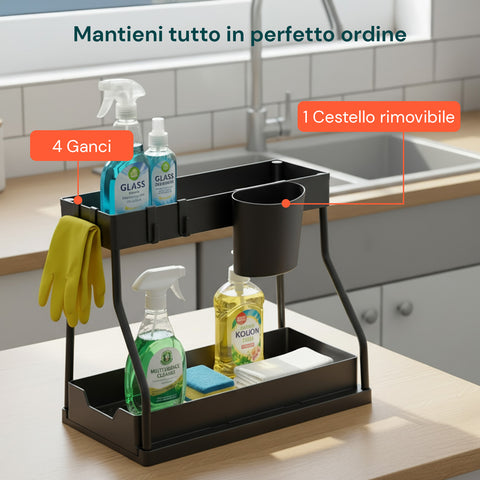 Organizer Estraibile Salvaspazio con Cestello e Ganci per Bagno o Cucina
