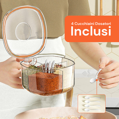 Organizer Spezie da Cucina 4 Scomparti con Coperchio e Cucchiaini