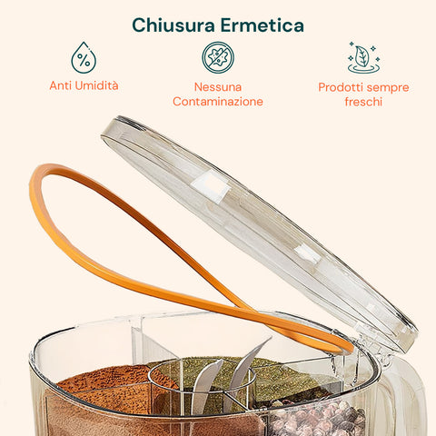 Organizer Spezie da Cucina 4 Scomparti con Coperchio e Cucchiaini