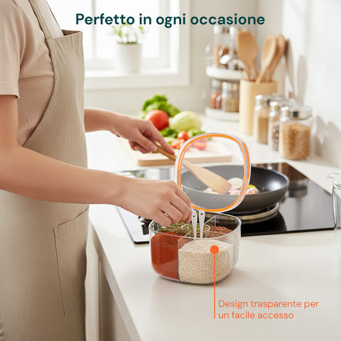 Organizer Spezie da Cucina 4 Scomparti con Coperchio e Cucchiaini