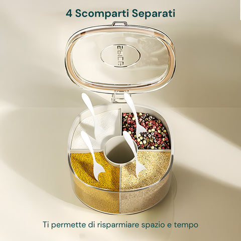 Organizer Spezie da Cucina 4 Scomparti con Coperchio e Cucchiaini