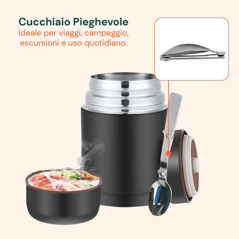 Thermos Portavivande in Acciaio con Cucchiaio e Borsa Inclusi