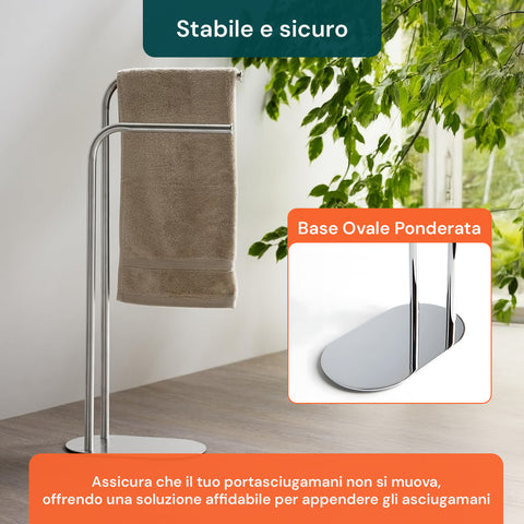 Piantana Portasciugamani 2 Bracci In Acciaio Con Base Ovale 17x30x82cm