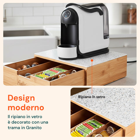 Cassetto Porta Cialde e Capsule in Bambù con Ripiano in Vetro Vari Sfondi