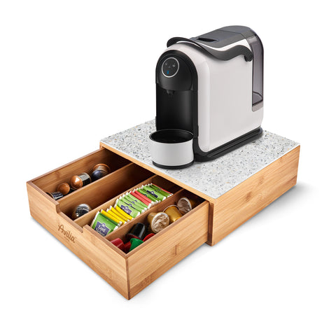 Cassetto Porta Cialde e Capsule in Bambù con Ripiano in Vetro Vari Sfondi