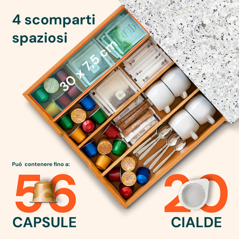 Cassetto Porta Cialde e Capsule in Bambù con Ripiano in Vetro Vari Sfondi