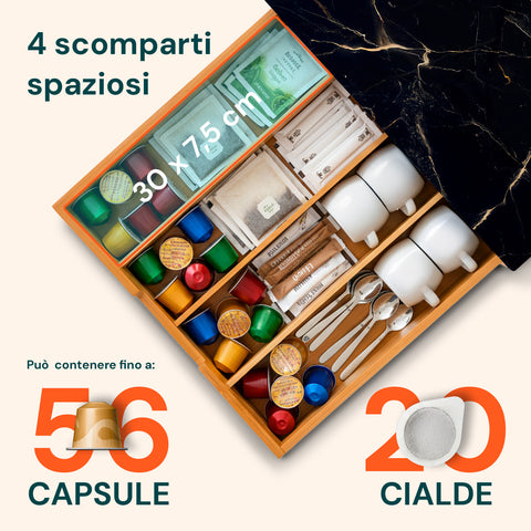 Cassetto Porta Cialde e Capsule in Bambù con Ripiano in Vetro Vari Sfondi