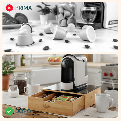 Cassetto Porta Cialde e Capsule in Bambù con Ripiano in Vetro Vari Sfondi