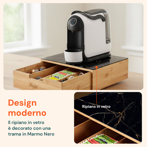 Cassetto Porta Cialde e Capsule in Bambù con Ripiano in Vetro Vari Sfondi
