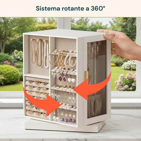 Organizer Gioielli Rotante a 360° con Cassetti, Ganci e Rivestimento in Velluto