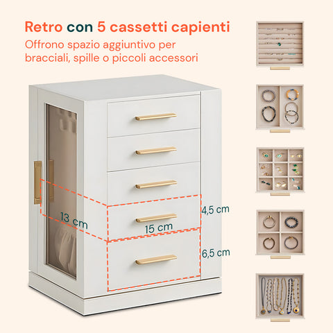 Organizer Gioielli Rotante a 360° con Cassetti, Ganci e Rivestimento in Velluto