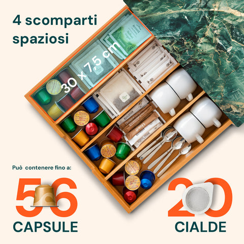 Cassetto Porta Cialde e Capsule in Bambù con Ripiano in Vetro Vari Sfondi