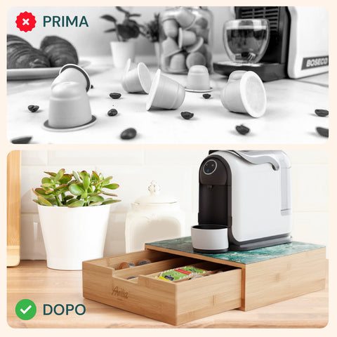 Cassetto Porta Cialde e Capsule in Bambù con Ripiano in Vetro Vari Sfondi