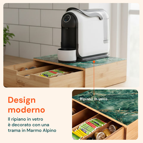 Cassetto Porta Cialde e Capsule in Bambù con Ripiano in Vetro Vari Sfondi