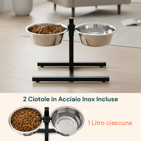 Alzaciotole per Cani e Gatti – Altezza Regolabile e 2 Ciotole in Acciaio da 1L