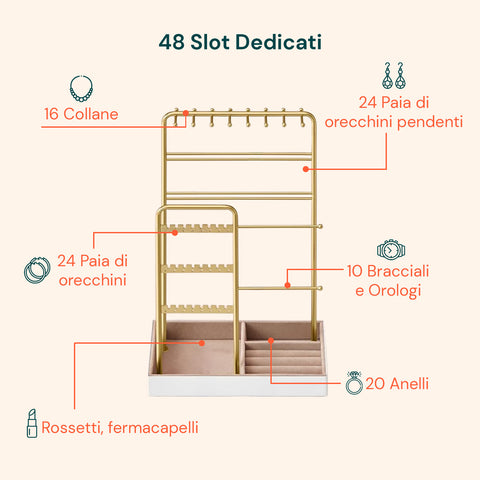 Portagioie in Metallo Dorato – 16 Ganci, 48 Slot Orecchini e Vassoio