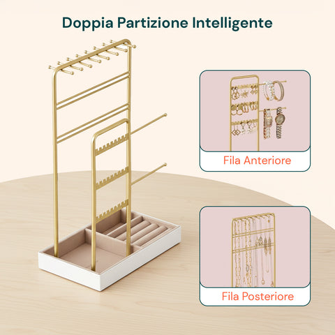 Portagioie in Metallo Dorato – 16 Ganci, 48 Slot Orecchini e Vassoio