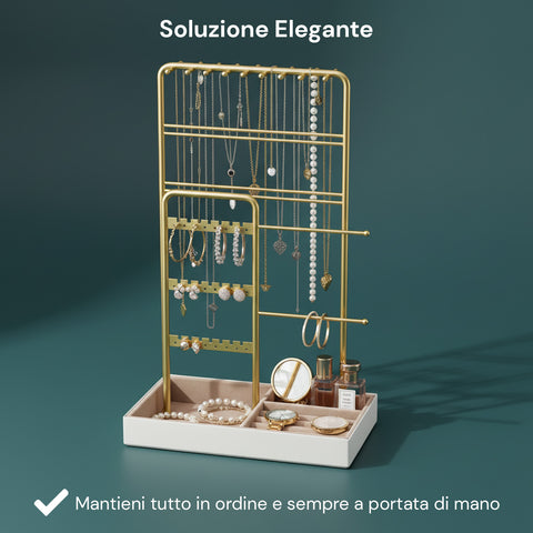 Portagioie in Metallo Dorato – 16 Ganci, 48 Slot Orecchini e Vassoio