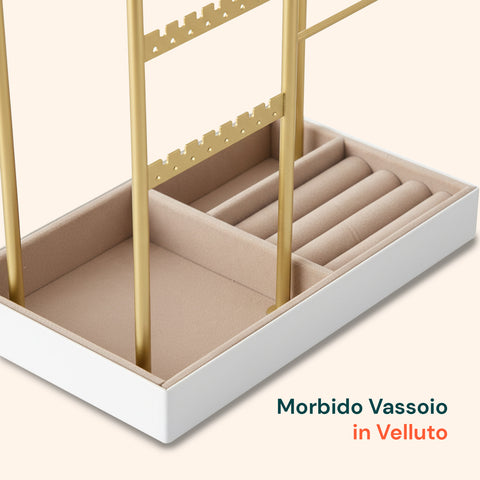 Portagioie in Metallo Dorato – 16 Ganci, 48 Slot Orecchini e Vassoio