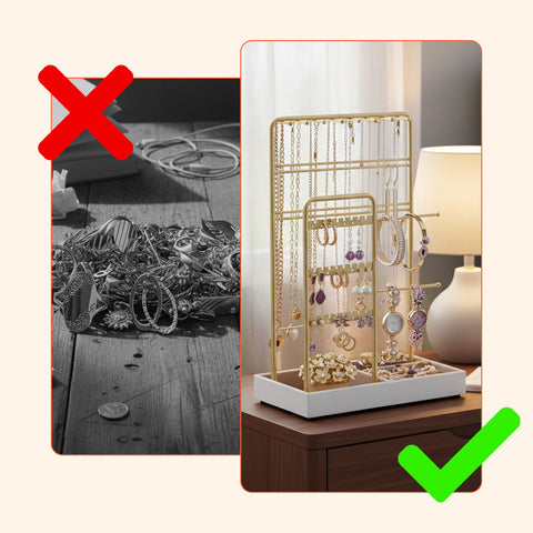 Portagioie in Metallo Dorato – 16 Ganci, 48 Slot Orecchini e Vassoio