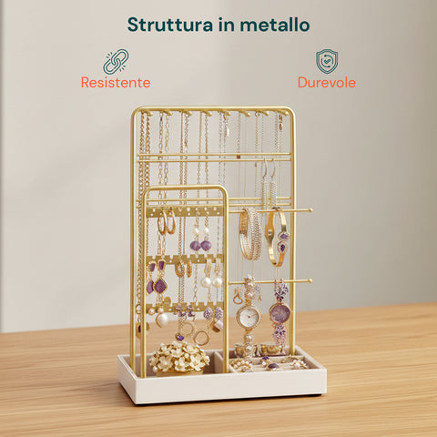Portagioie in Metallo Dorato – 16 Ganci, 48 Slot Orecchini e Vassoio