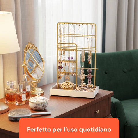 Portagioie in Metallo Dorato – 16 Ganci, 48 Slot Orecchini e Vassoio