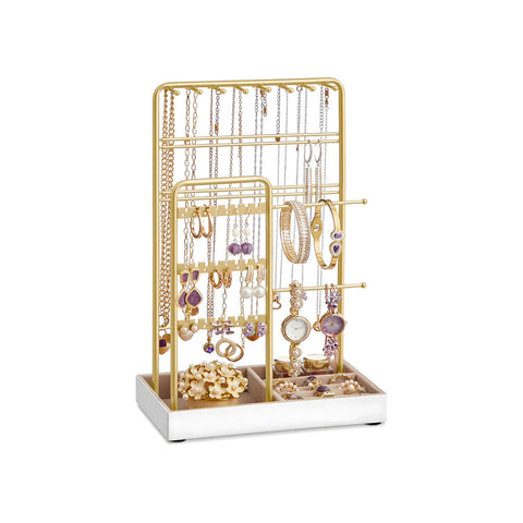 Portagioie in Metallo Dorato – 16 Ganci, 48 Slot Orecchini e Vassoio