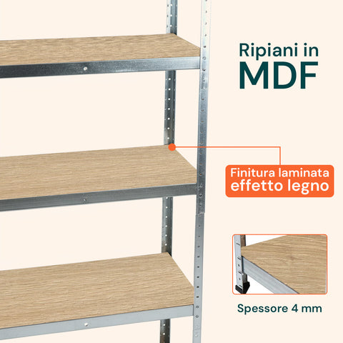Scaffale 5 Ripiani Metallo Zincato E Mdf Effetto Legno Portata Totale 875kg