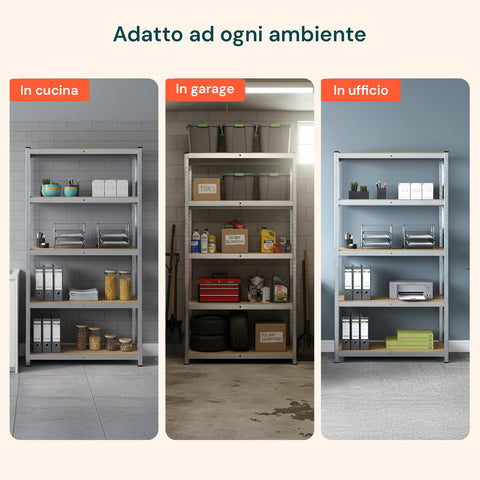 Scaffale 5 Ripiani Metallo Zincato E Mdf Effetto Legno Portata Totale 875kg