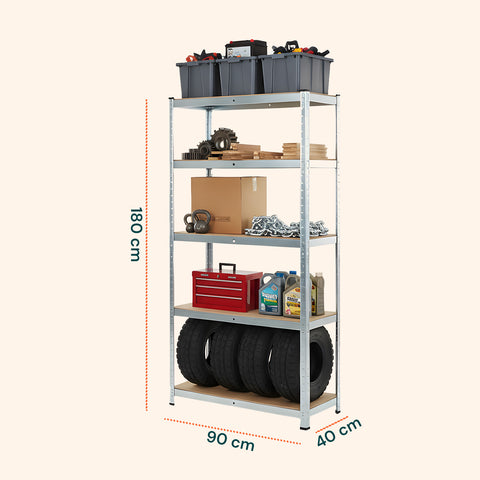 Scaffale 5 Ripiani Metallo Zincato E Mdf Effetto Legno Portata Totale 875kg