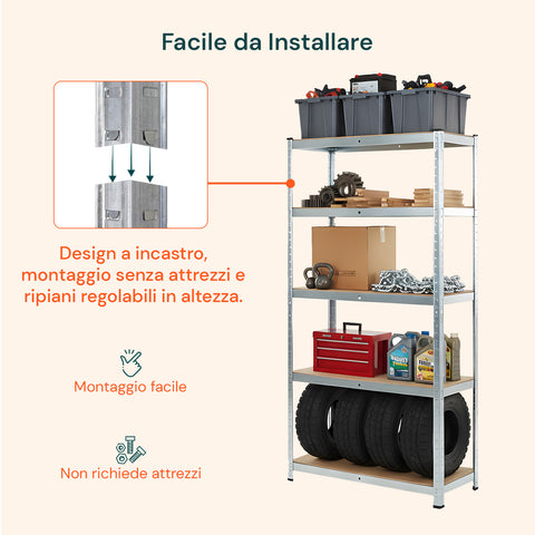 Scaffale 5 Ripiani Metallo Zincato E Mdf Effetto Legno Portata Totale 875kg