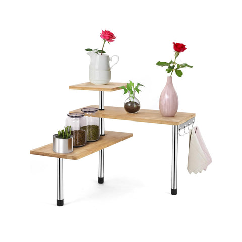 Scaffale Angolare in Bambù 3 Ripiani con Ganci Portaoggetti