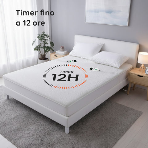 Coperta Elettrica Riscaldata Coprimaterasso in Lana Sintetica - Timer e 9 Temperature
