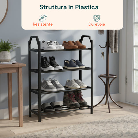 Porta Scarpe in Plastica Rinforzata – Scarpiera a 4 Ripiani Compatta e Resistente