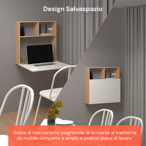 Scrivania da Parete con Ripiano Ribaltabile e 2 Scaffali Integrati 63x15x63cm