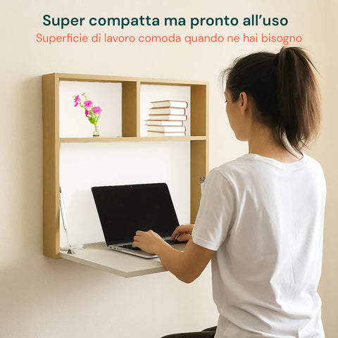 Scrivania da Parete con Ripiano Ribaltabile e 2 Scaffali Integrati 63x15x63cm