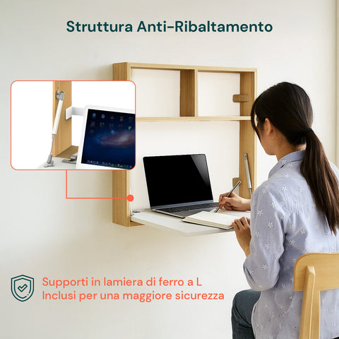 Scrivania da Parete con Ripiano Ribaltabile e 2 Scaffali Integrati 63x15x63cm