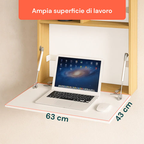 Scrivania da Parete con Ripiano Ribaltabile e 2 Scaffali Integrati 63x15x63cm