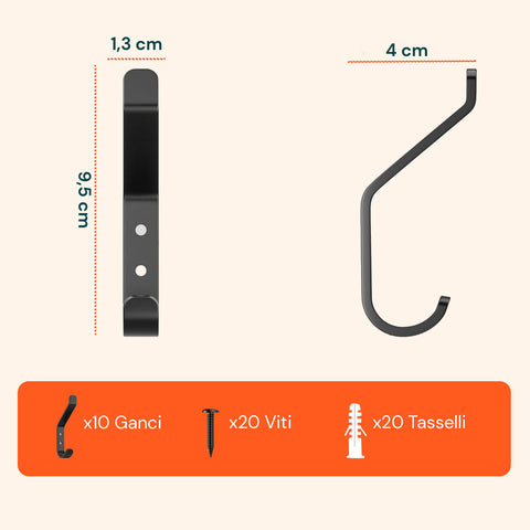 Ganci Appenditutto da Parete in Metallo Nero 10 Pezzi con Kit di Montaggio