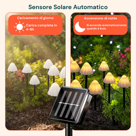 Luci Solari a Fungo da Esterno – Set 12 Segnapasso con Pannello Solare e LED Caldi