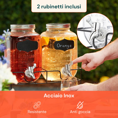 Set 2 Dispenser Bevande Vetro 4L  con Rubinetto e Supporto in Metallo