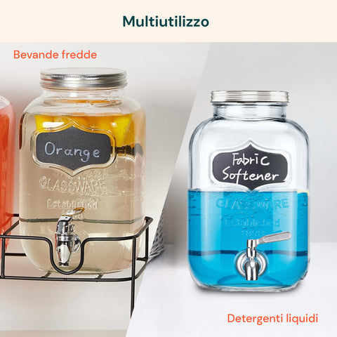 Set 2 Dispenser Bevande Vetro 4L  con Rubinetto e Supporto in Metallo