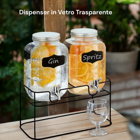 Set 2 Dispenser Bevande Vetro 4L  con Rubinetto e Supporto in Metallo